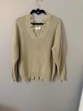 Zenana Outfitters Distressed V-Neck Sweater in Light green